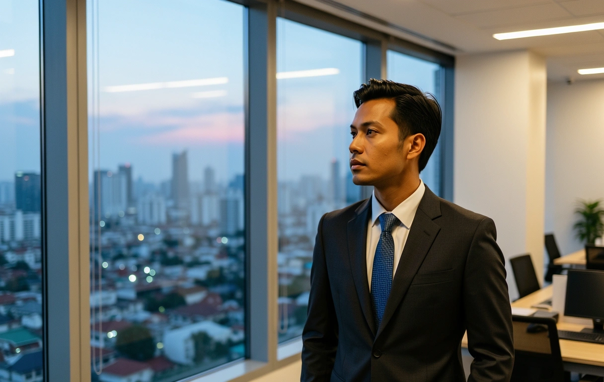 Professional man overlooking Jakarta skyline